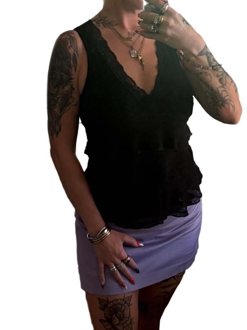 RicRac Black Sleeveless V-Neck Tiered Y2K Lace Ruffle Top